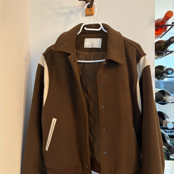 Olive Green and Cream Varsity Bomber Jacket - Picture 2 of 2